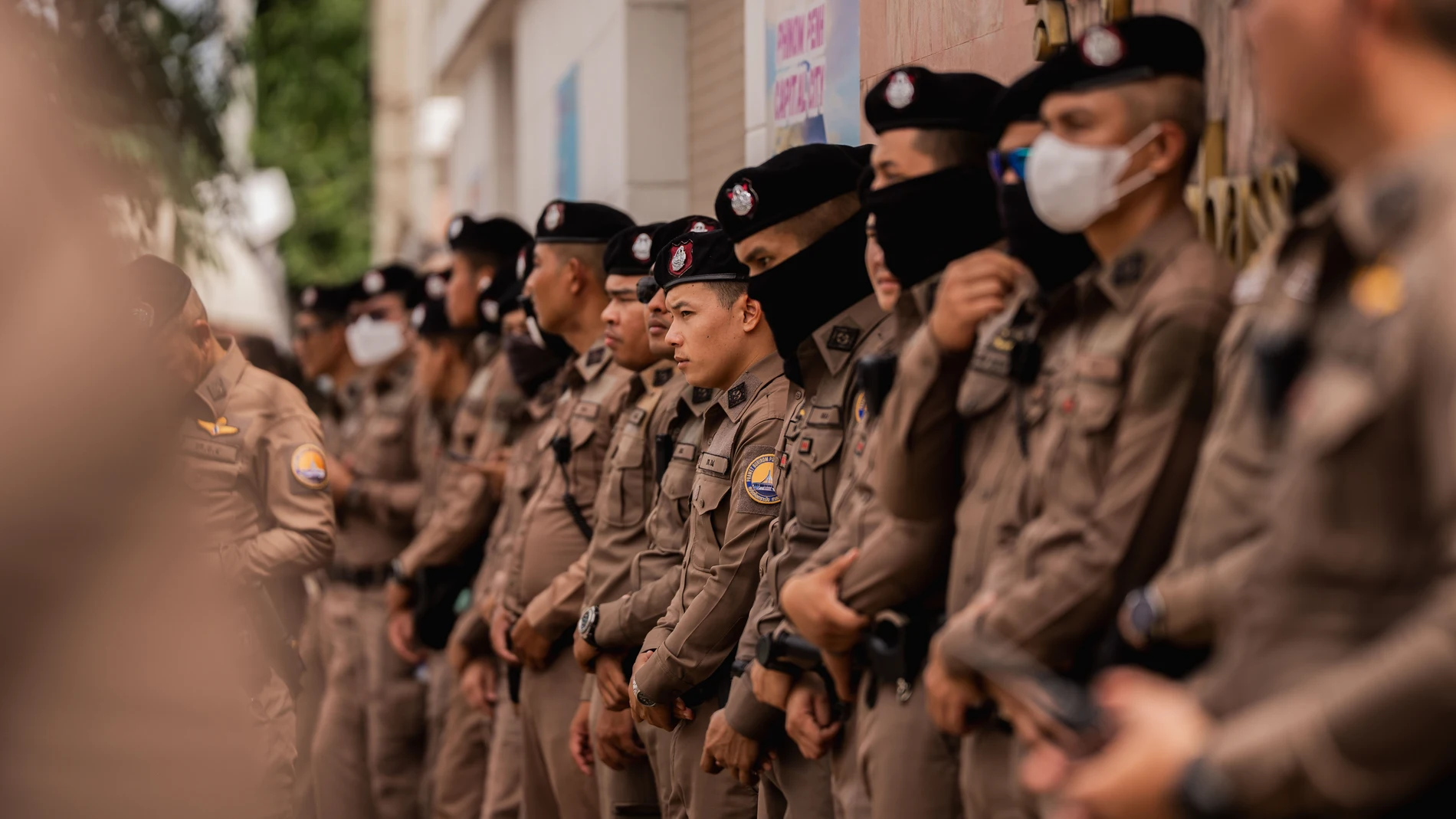 July 20, 2025, Bangkok, Thailand: Thai police stand guard outside the Royal Embassy of Cambodia in Bangkok during a demonstration over tensions at the Thai-Cambodian border. Protestors gathered in front of the Royal Embassy of Cambodia in Bangkok to denounce Cambodia's alleged violation of the Ottawa Convention, following a 16 July incident where three Thai soldiers were injured by landmines during a border patrol in the Chong Bok area of Ubon Ratchathani Province. Europa Press/Contacto/Ploy...