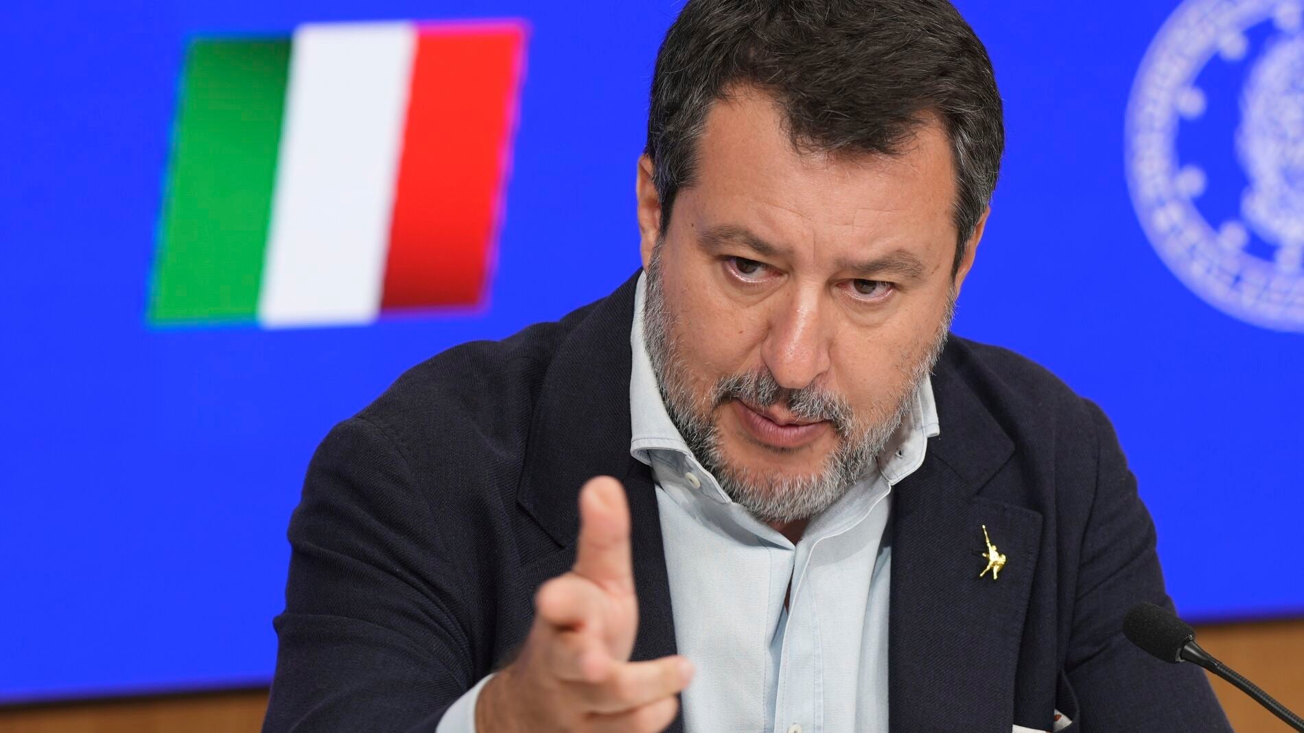 Italian Vice Premier and Minister of Transport Matteo Salvini holds a press conference about the decision to approve work on the Strait of Messina suspension bridge linking the Italian mainland with Sicily, in Rome, Wednesday, Aug. 6, 2025. (AP Photo/Andrew Medichini)