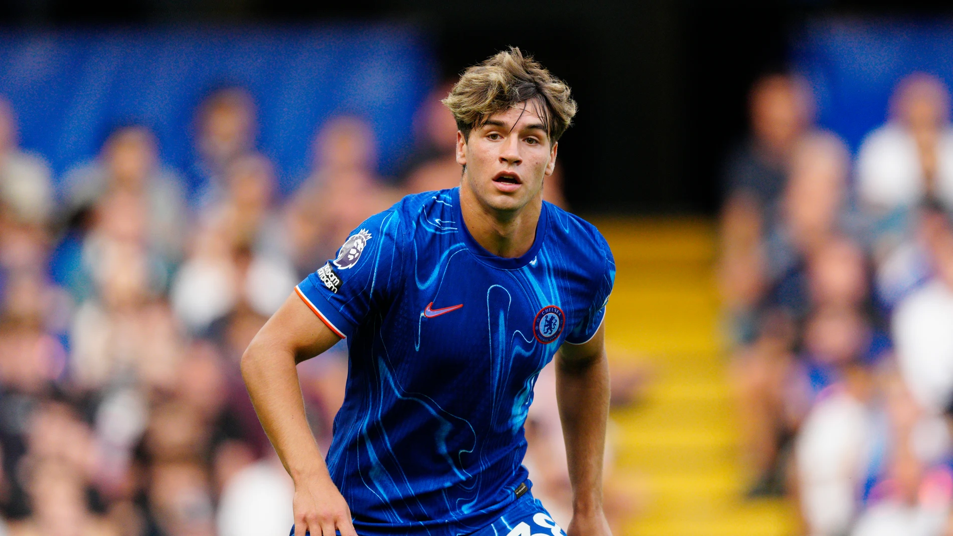 FILE - Chelsea's Marc Guiu during an English Premier League soccer match against Manchester City at Stamford Bridge stadium in London, England, Aug, 18, 2024. (AP Photo/Dave Shopland, file)