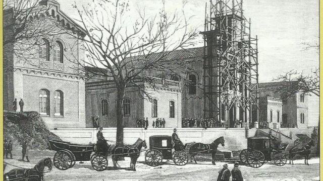 Grabado del hospital del Niño Jesús de Madrid en construcción