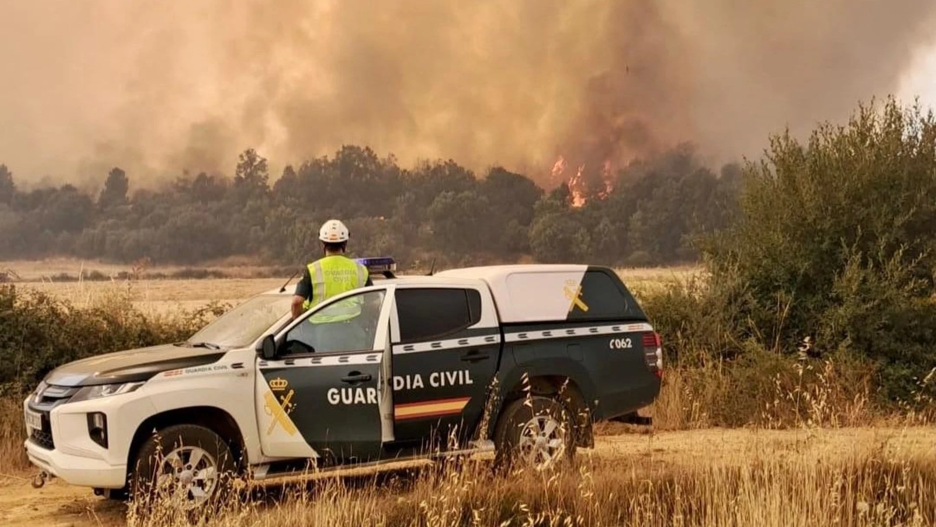 Un vehículo y un agente de la Guardia Civil en los incendios en Zamora REMITIDA / HANDOUT por DELEGACIÓN DEL GOBIERNO EN CYL Fotografía remitida a medios de comunicación exclusivamente para ilustrar la noticia a la que hace referencia la imagen, y citando la procedencia de la imagen en la firma 14/08/2025