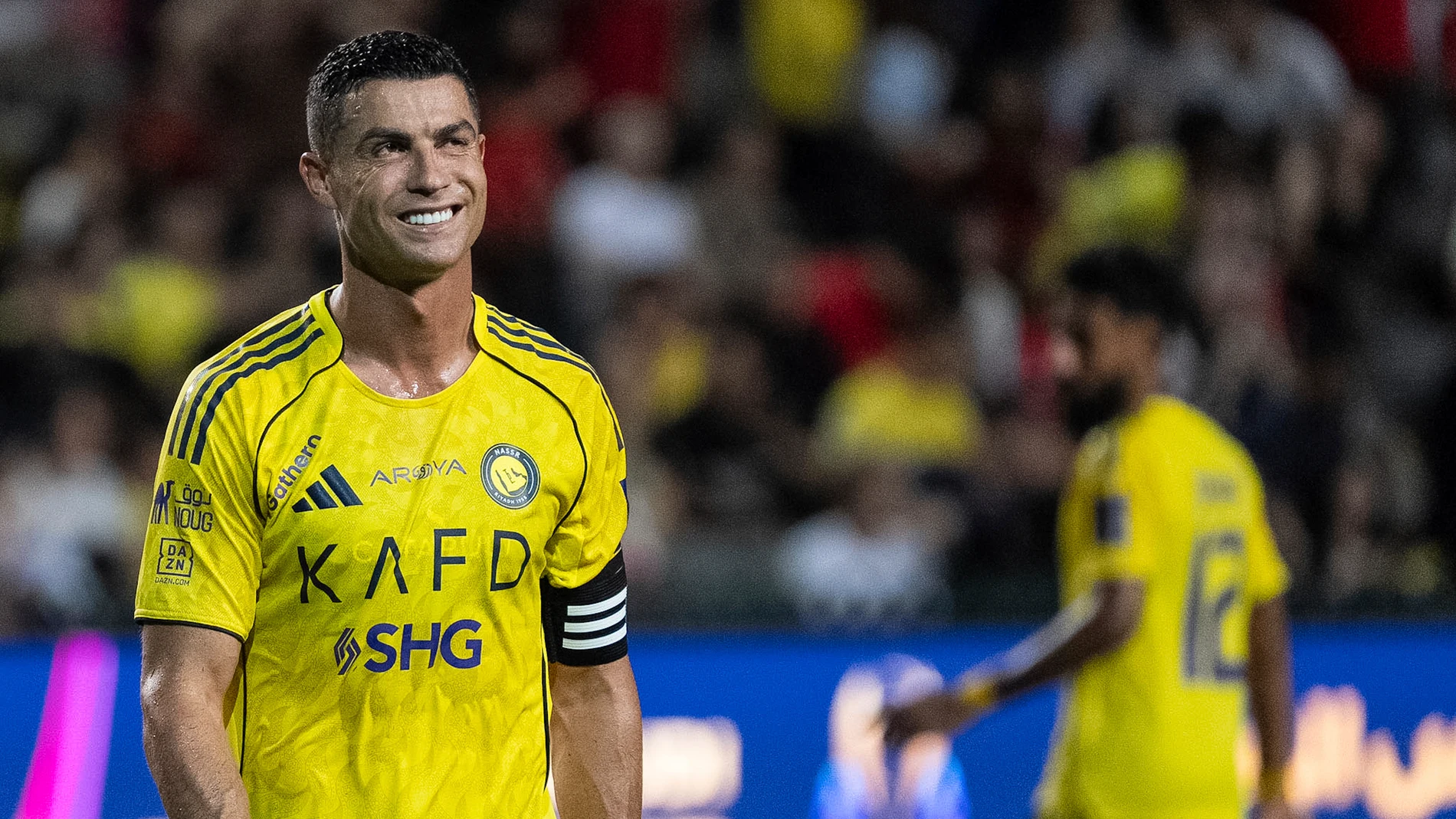 Al Nassr's Cristiano Ronaldo reacts during the Saudi Super Cup semi finals soccer match between Al Nassr and Al Ittihad at the Hong Kong Stadium in Hong Kong, Tuesday, Aug. 19, 2025. (AP Photo/Chan Long Hei)