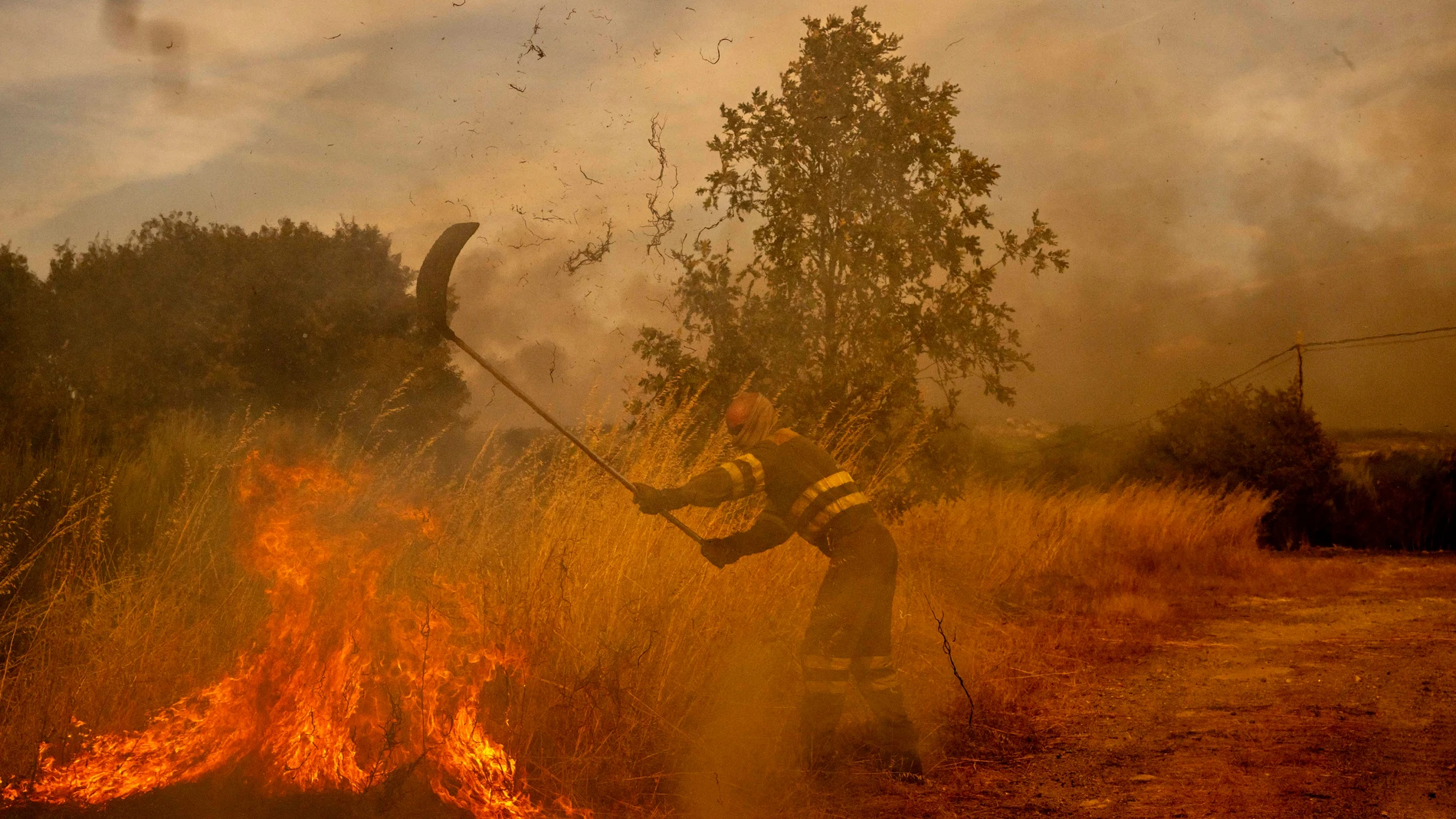 OÍMBRA (OURENSE), 19/08/2025.- Un voluntario realiza labores de extinción en el incendio de Oímbra (Ourense) este martes. El incendio de Oímbra lleva devoradas 12.000 hectáreas de acuerdo con cifras de la Xunta (20.500 según estimaciones de expertos basadas en mapas satelitales), mientras que Cipérez, en Salamanca, lleva unas 10.500 y Porto de Sanabria, en Zamora, 10.300EFE/ Brais Lorenzo