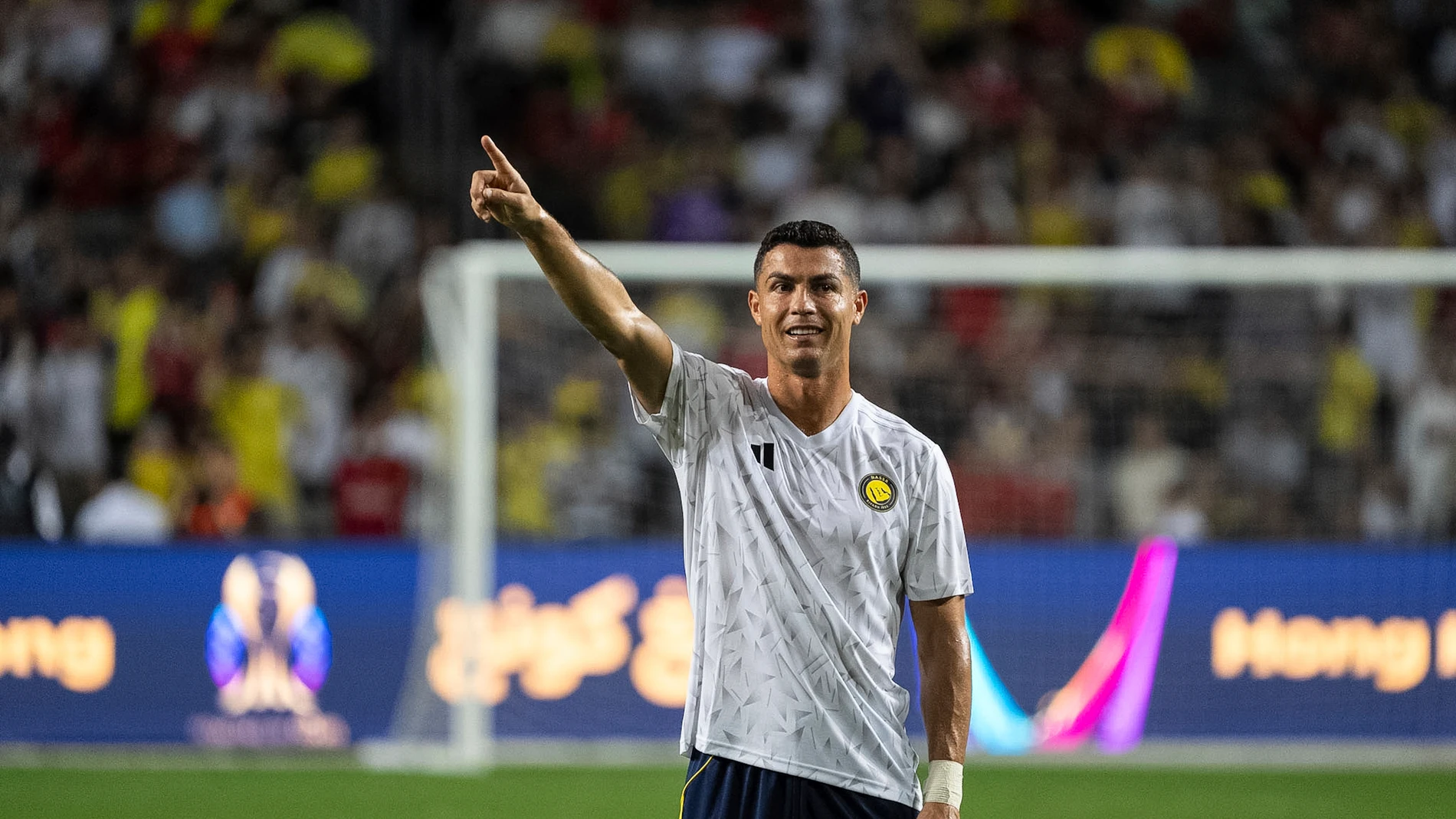 Al Nassr's Cristiano Ronaldo reacts during the Saudi Super Cup semi finals soccer match between Al Nassr and Al Ittihad at the Hong Kong Stadium in Hong Kong, Tuesday, Aug. 19, 2025. (AP Photo/Chan Long Hei)