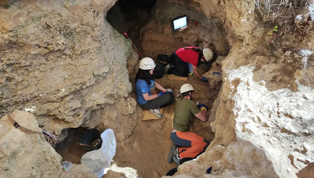 Los paleontólogos, este pasado viernes, en plena campaña de excavación