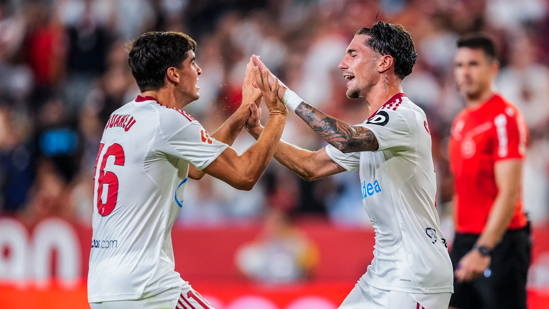 Jose Angel Carmona of Sevilla FC celebrates an own goal scored by Juan Iglesias of Getafe CF during the Spanish league, LaLiga EA Sports, football match played between Sevilla FC and Getafe CF at Ramon Sanchez-Pizjuan stadium on August 25, 2025, in Sevilla, Spain. AFP7 25/08/2025 ONLY FOR USE IN SPAIN