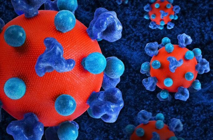 Virus del VIH (en rojo) con proteínas en azul que le permiten la entrada en las células