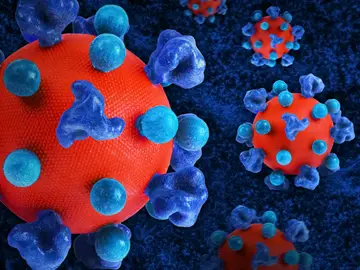 Virus del VIH (en rojo) con proteínas en azul que le permiten la entrada en las células VIH