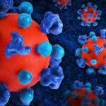 Virus del VIH (en rojo) con proteínas en azul que le permiten la entrada en las células