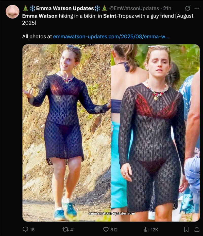 Emma Watson con un vestido boho paseando por Sain-Trouppez
