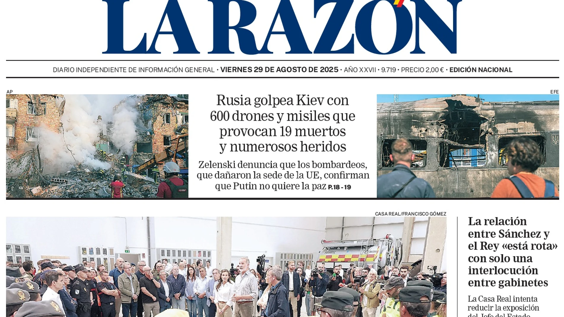 Portada de LA RAZÓN del viernes 29 de agosto de 2025