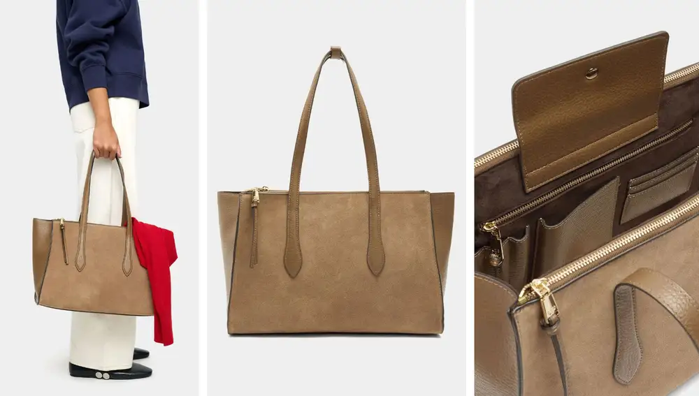 Bolso marrón claro de piel con compartimentos interiores (39,99€)