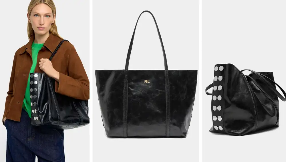 Shopper negro de piel con tachuelas metálicas (89,99€)
