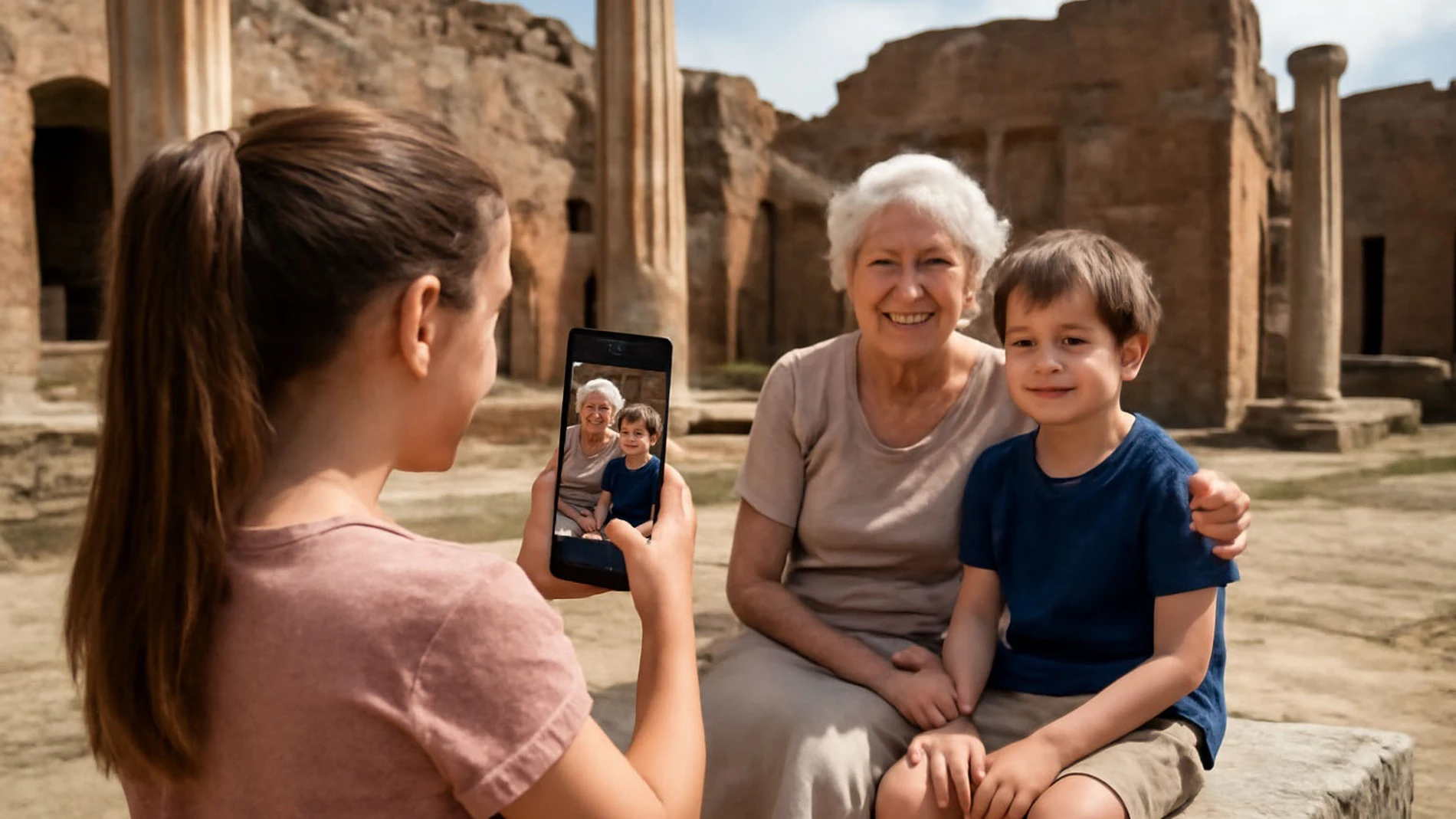Una familia visita la Villa Romana de Almenara Puras