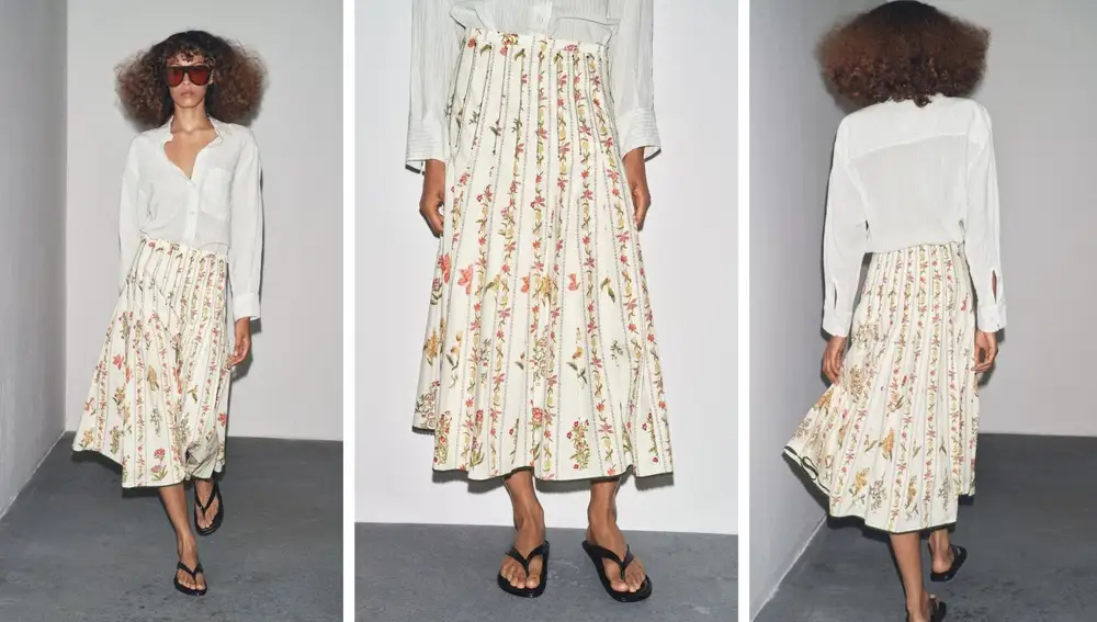 Falda de tablas con estampado floral (59,95€), con aire romántico y detalle de bajo en contraste.