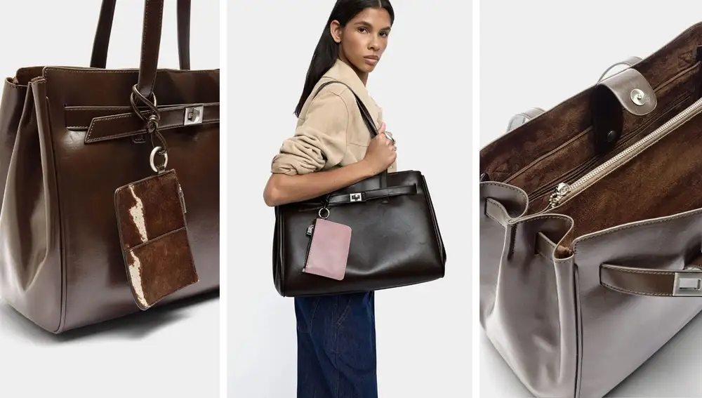 Bolso marrón con colgante de estampado de vaca (39,99€)