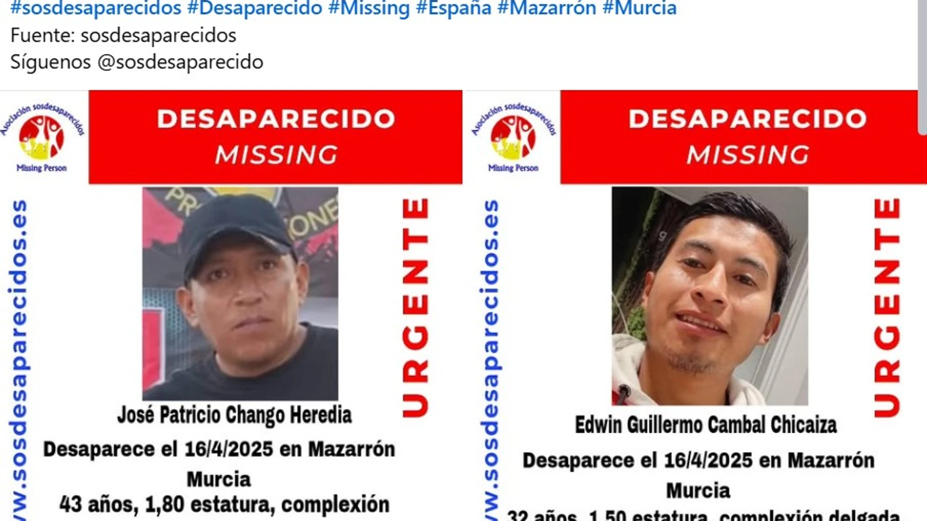 José Patricio y Edwin desaparecieron el pasado mes de abril