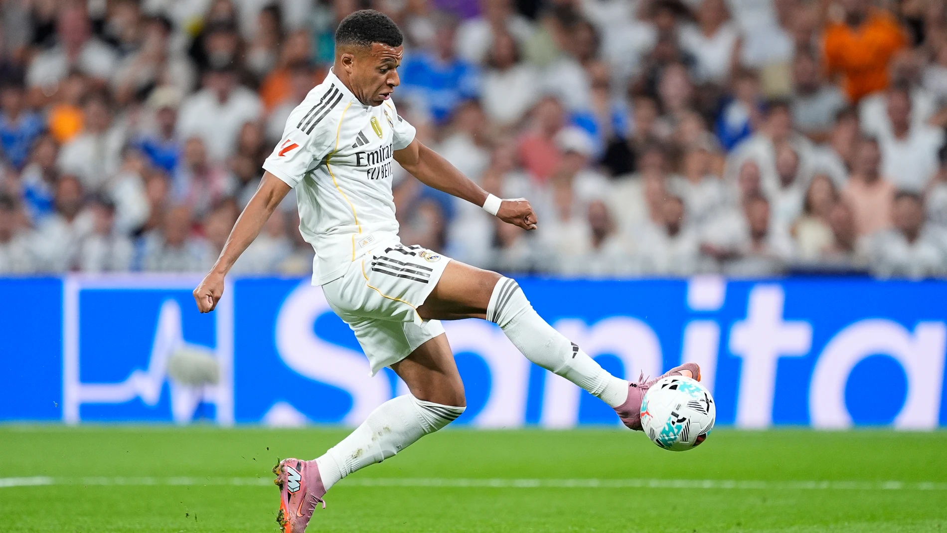 Kylian Mbappe of Real Madrid CF in action during the Spanish League, LaLiga EA Sports, football match played between Real Madrid and RCD Mallorca at Santiago Bernabeu stadium on August 30, 2025, in Madrid, Spain. AFP7 30/08/2025 ONLY FOR USE IN SPAIN