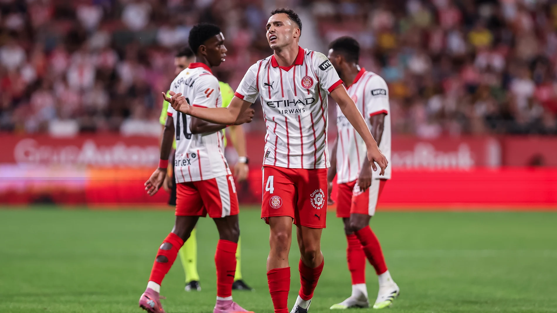 Arnau Martinez of Girona FC gestures during the Spanish league, La Liga EA Sports, football match played between Girona FC and Sevilla FC at Estadio de Montilivi on August 30, 2025 in Girona, Spain. AFP7 30/08/2025 ONLY FOR USE IN SPAIN