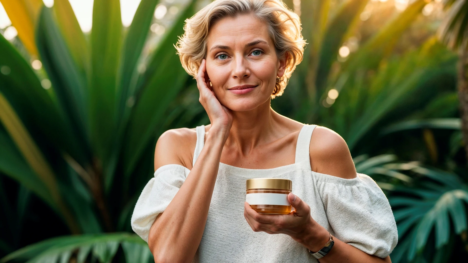 Mujer madura con crema antiedad en un espacio natural