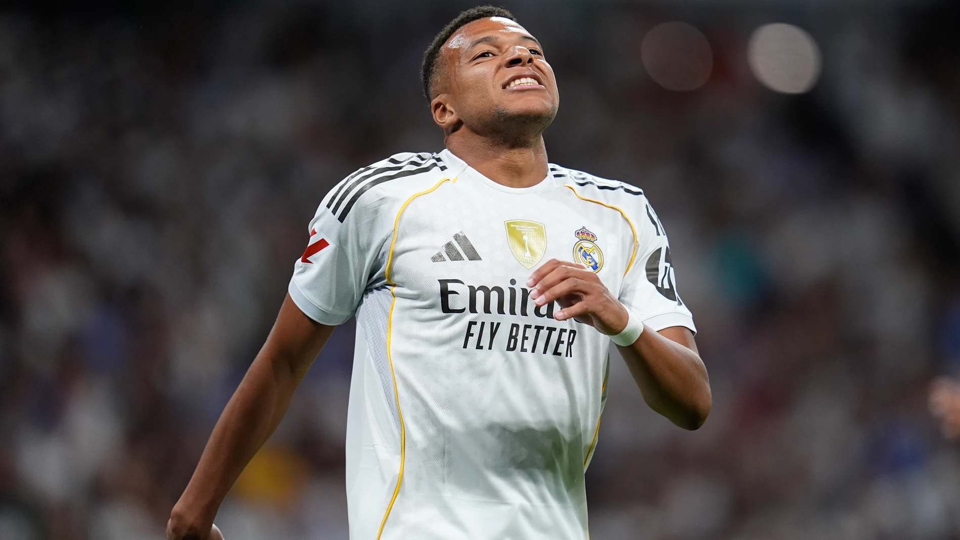 Kylian Mbappe of Real Madrid CF reacts during the Spanish League, LaLiga EA Sports, football match played between Real Madrid and RCD Mallorca at Santiago Bernabeu stadium on August 30, 2025, in Madrid, Spain. AFP7 30/08/2025 ONLY FOR USE IN SPAIN