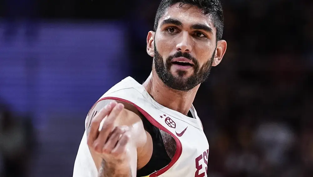 Santi Aldama of Spain reacts during City of Madrid Tournament, basketball match played between Spain and Germany at Madrid Arena on August 21, 2025 in Madrid, Spain.