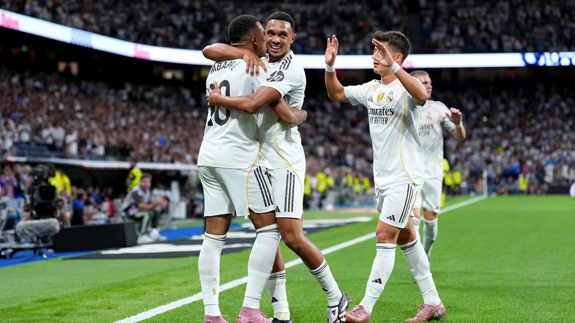 Kylian Mbappe of Real Madrid CF celebrates a goal that was later disallowed by VAR during the Spanish League, LaLiga EA Sports, football match played between Real Madrid and RCD Mallorca at Santiago Bernabeu stadium on August 30, 2025, in Madrid, Spain. AFP7 30/08/2025 ONLY FOR USE IN SPAIN