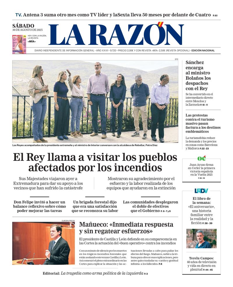 Portada de LA RAZÓN del sábado 30 de agosto de 2025