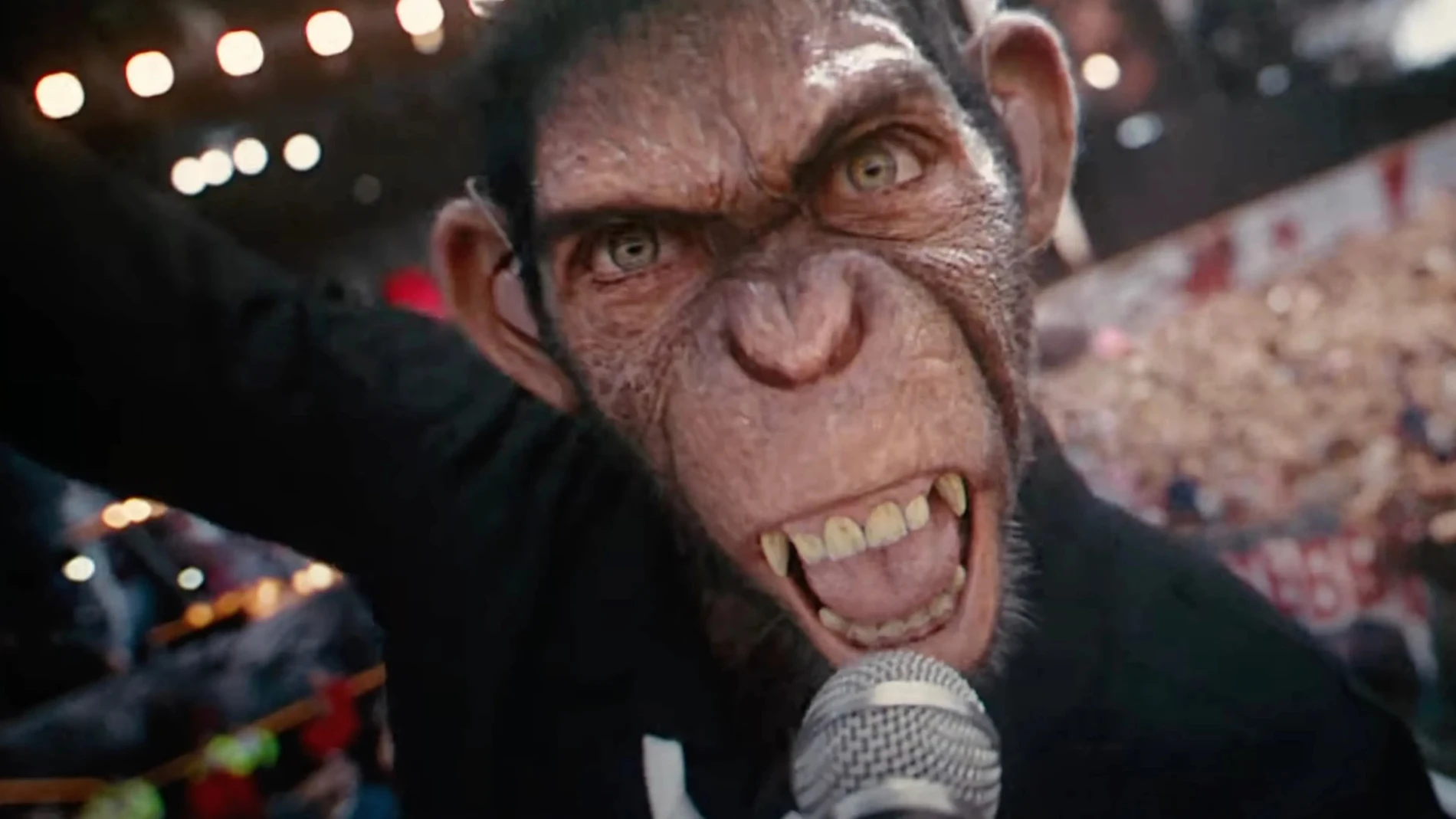Imagen de 'Better man', el biopic de Robbie Williams en el que el cantante aparece representado como un mono creado por CGI