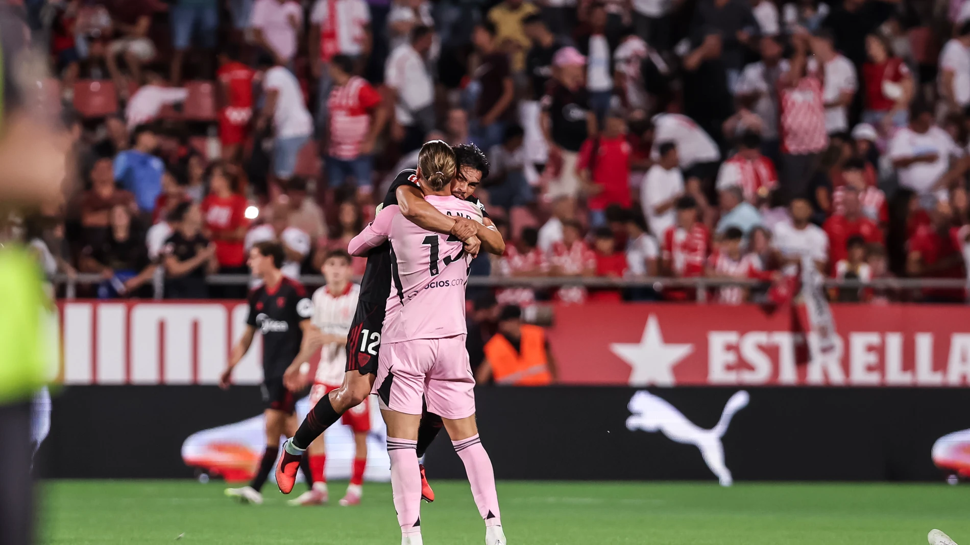 Gabriel Suazo and Ørjan Nyland of Sevilla FC celebrates the victory during the Spanish league, La Liga EA Sports, football match played between Girona FC and Sevilla FC at Estadio de Montilivi on August 30, 2025 in Girona, Spain. AFP7 30/08/2025 ONLY FOR USE IN SPAIN