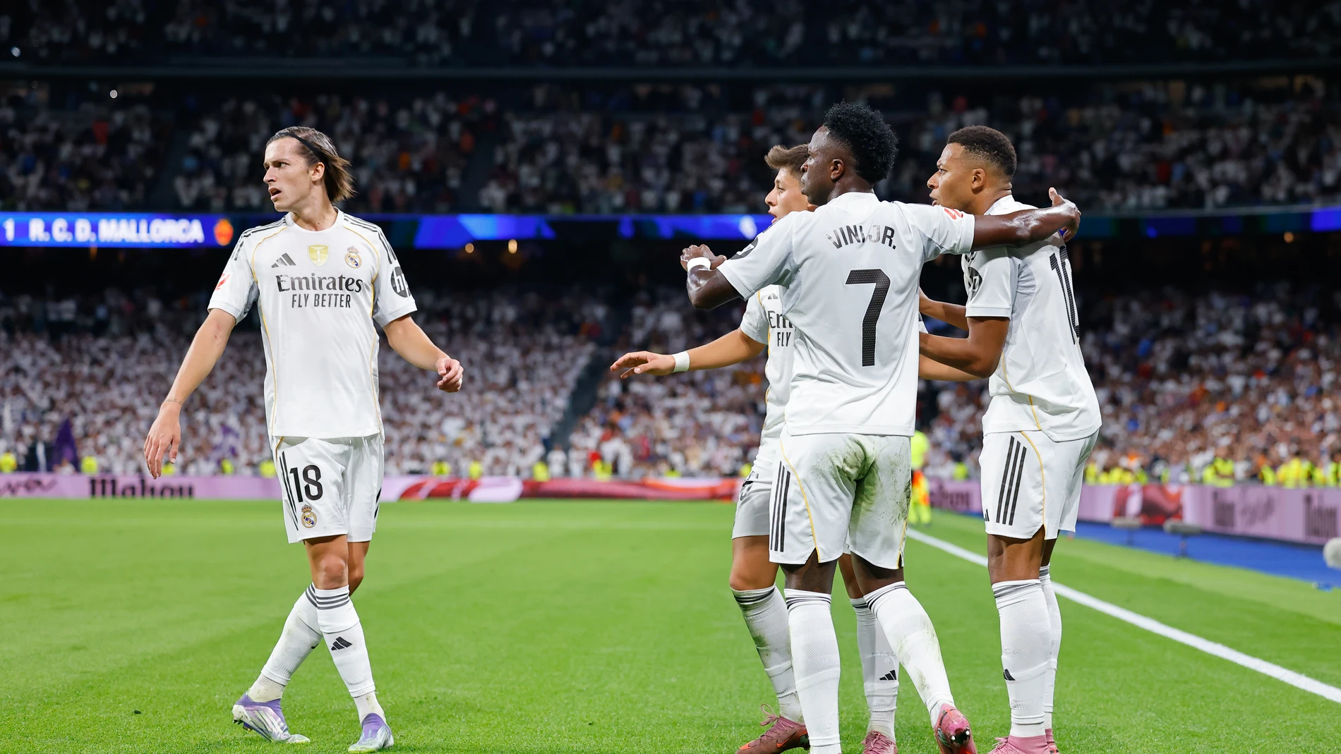Kylian Mbappe of Real Madrid CF celebrates a goal dismissed by VAR during the Spanish League, LaLiga EA Sports, football match played between Real Madrid and RCD Mallorca at Santiago Bernabeu stadium on August 30, 2025, in Madrid, Spain. AFP7 30/08/2025 ONLY FOR USE IN SPAIN