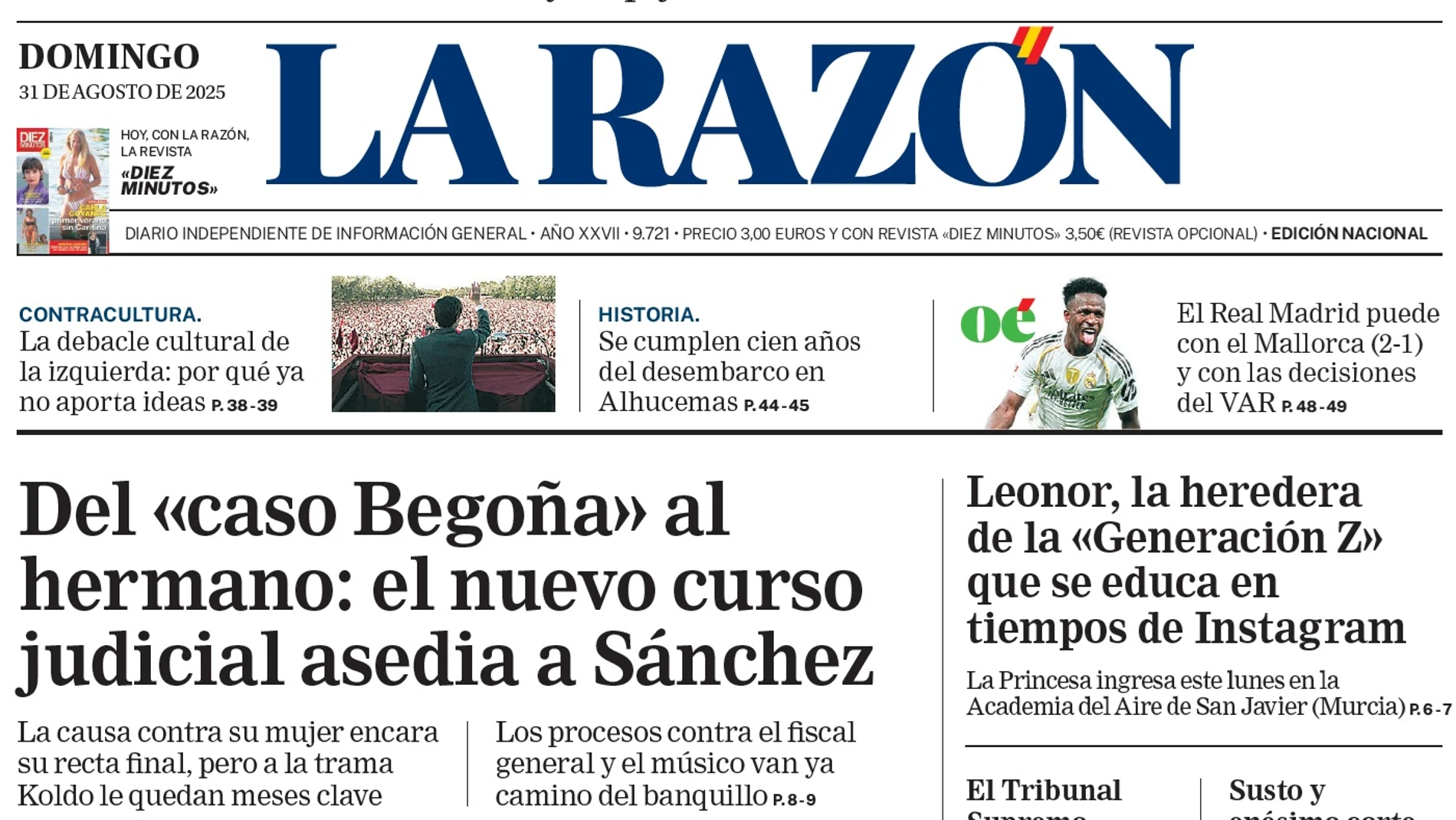 Portada de LA RAZÓN del domingo 31 de agosto de 2025