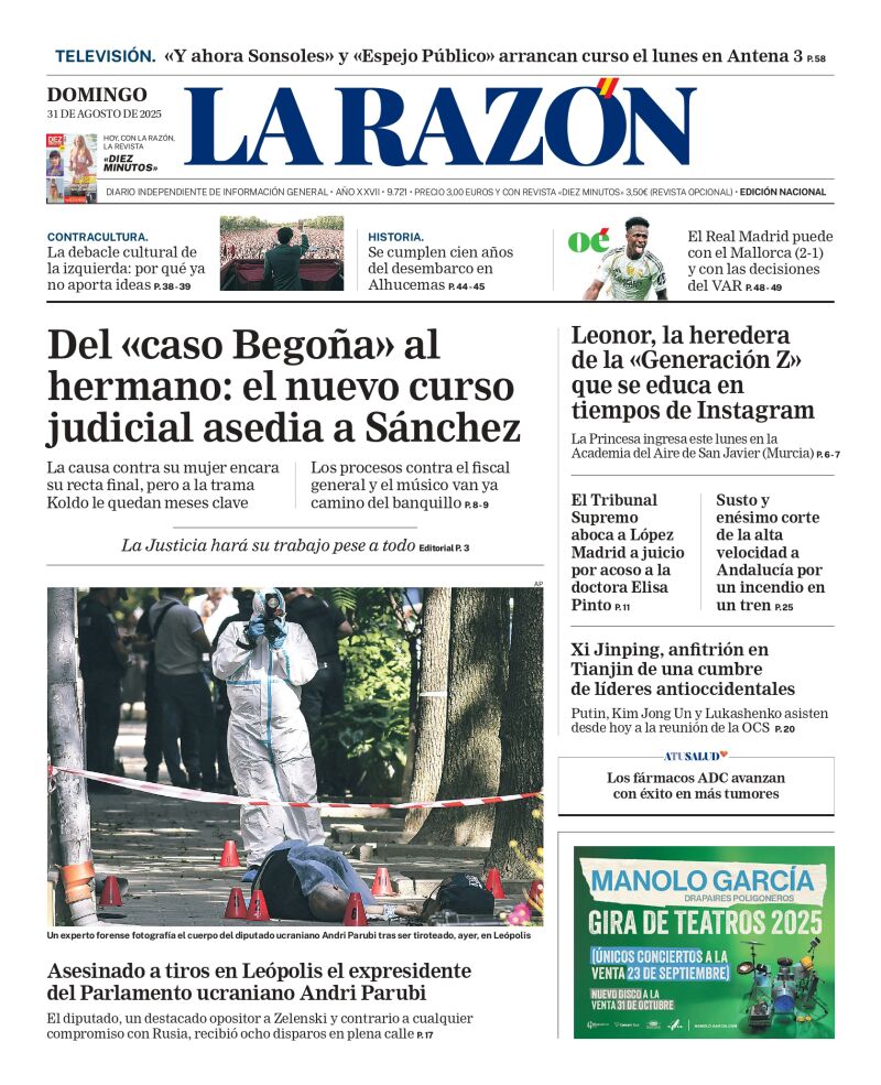 Portada de LA RAZÓN del domingo 31 de agosto de 2025