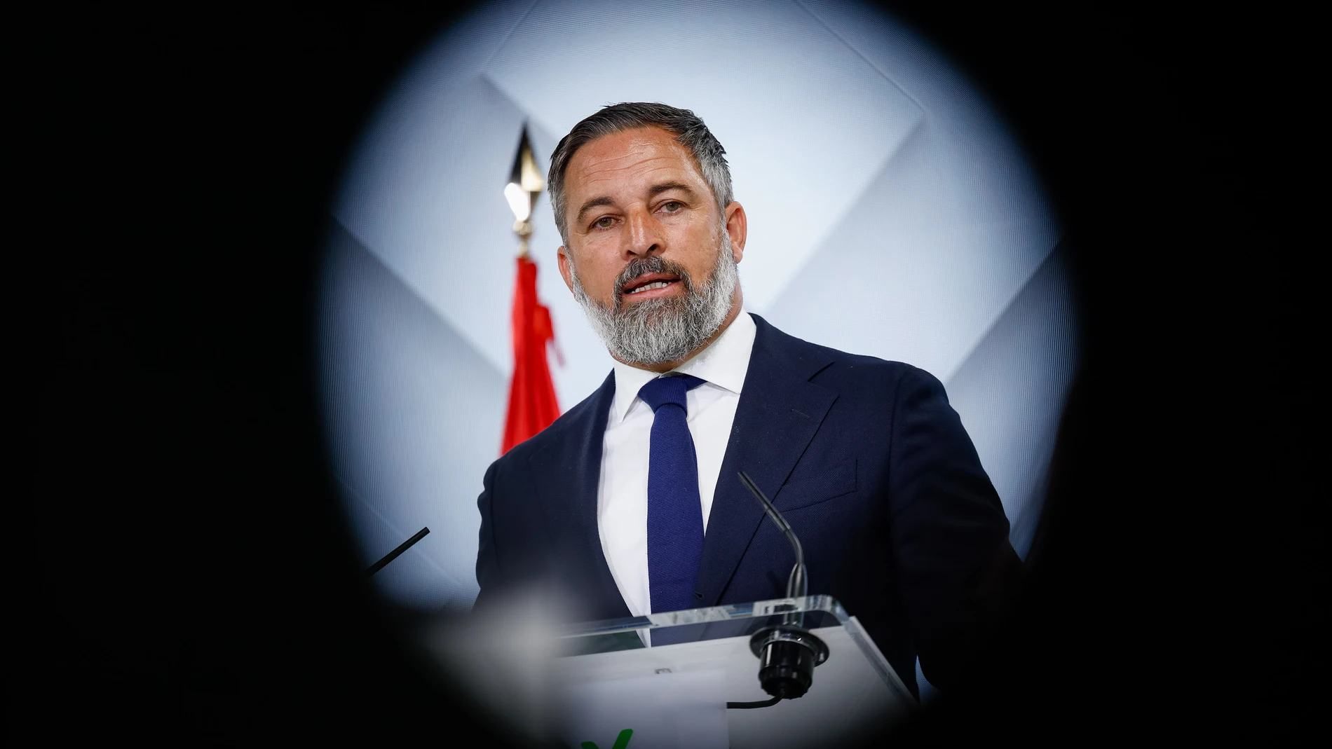 FOTODELDIA MADRID, 01/09/2025.-Vista de la rueda de prensa del presidente de Vox, Santiago Abascal, este lunes en Madrid.-EFE/ Daniel González