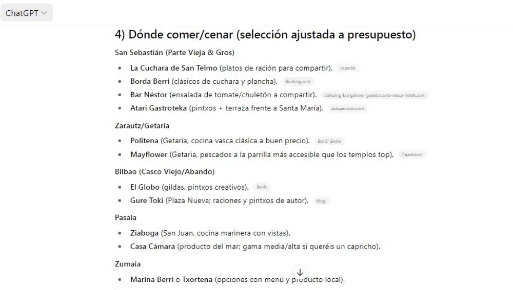 Recomendaciones gastronómicas solicitadas por lugar