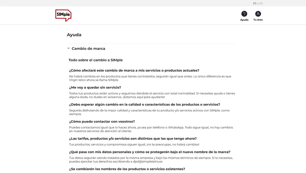 Sección Ayuda en la web de SIMple Telco