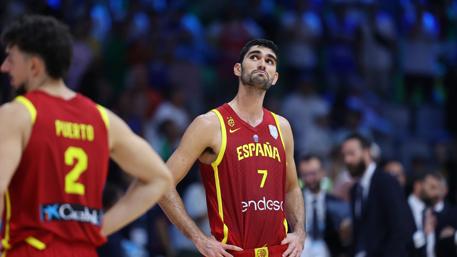 Spain's Santi Aldama reacts after his team's loss to Italy during the Eurobasket, European Basketball Championship Group C match between Spain and Italy at Spyros Kyprianou Arena, in Limassol, Cyprus, Tuesday, Sept. 2, 2025. (AP Photo/Chara Savvidou)
