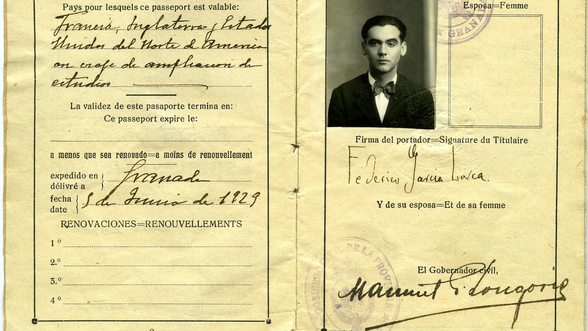 Pasaporte de Federico García Lorca ( 1929) expedido por su viaje a New York, Granada.