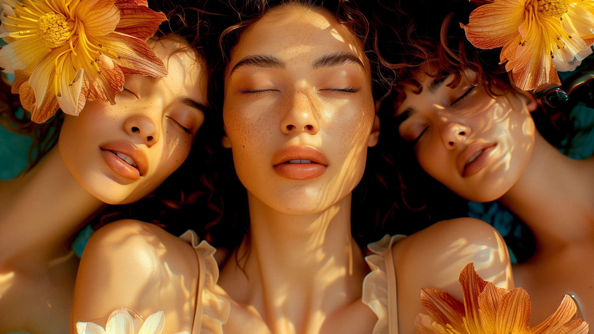 Cósmetica natural, mujeres disfrutando la sensación entre flores