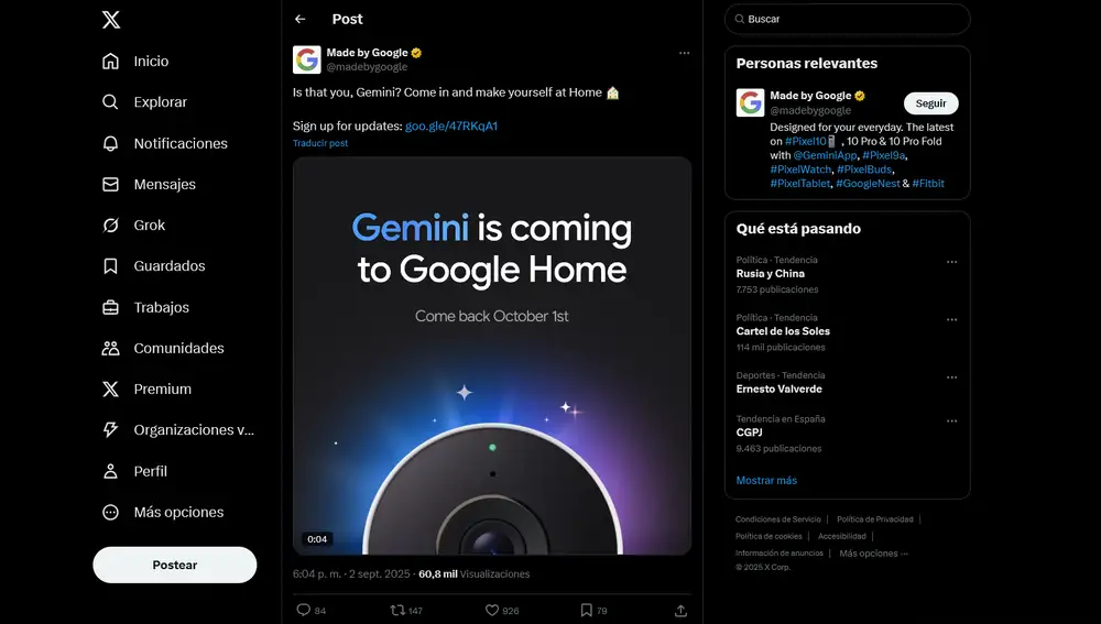 Google anunciando la llegada de Gemini a Google Home