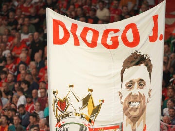 FILE -A banner depicting the late Liverpool player Diogo Jota is displayed on the stands before the English Premier League soccer match between Liverpool and Bournemouth at Anfield stadium in Liverpool, England, Friday, Aug. 15, 2025. (AP Photo/Ian Hodgson, File)