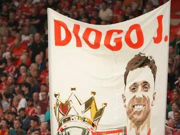 Soccer Diogo Jota FILE -A banner depicting the late Liverpool player Diogo Jota is displayed on the stands before the English Premier League soccer match between Liverpool and Bournemouth at Anfield stadium in Liverpool, England, Friday, Aug. 15, 2025. (AP Photo/Ian Hodgson, File)