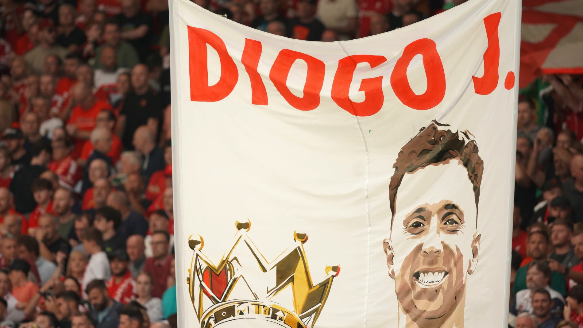 FILE -A banner depicting the late Liverpool player Diogo Jota is displayed on the stands before the English Premier League soccer match between Liverpool and Bournemouth at Anfield stadium in Liverpool, England, Friday, Aug. 15, 2025. (AP Photo/Ian Hodgson, File)