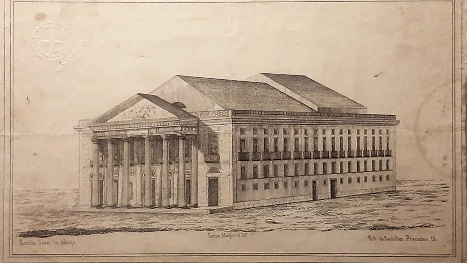 Grabado del Teatro Principal de Alicante del arquitecto del mismo Emilio Jover, publicado en el semanario “El Mensajero” en 1847