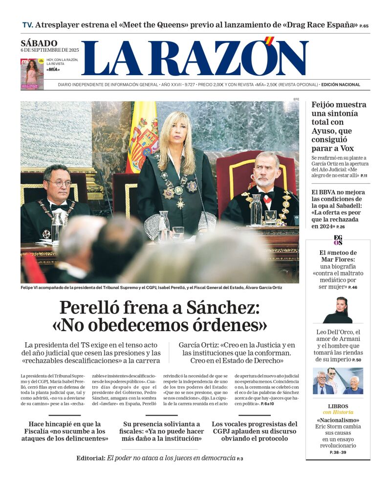 Portada de LA RAZÓN del sábado 6 de septiembre de 2025