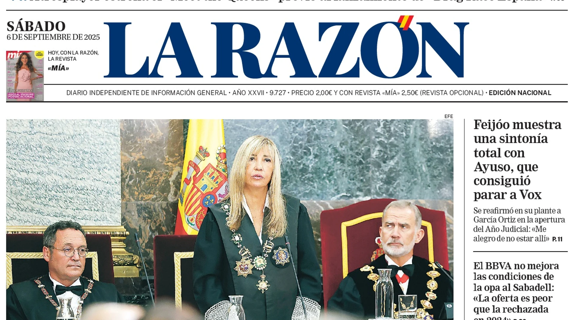 Portada de LA RAZÓN del sábado 6 de septiembre de 2025