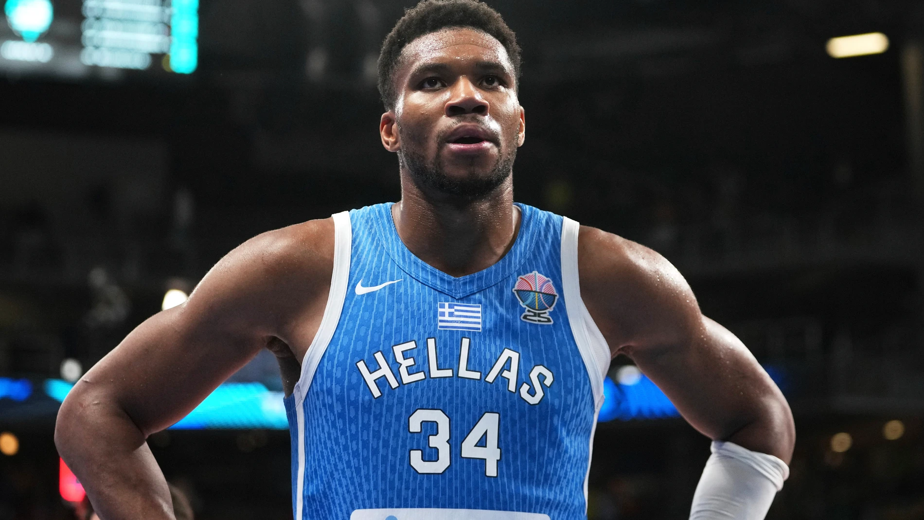 Greece's Giannis Antetokounmpo reacts after the Eurobasket, European Basketball Championship quarter final match between Lithuania and Greece at the Riga Arena in Riga, Latvia, Tuesday, Sept. 9, 2025. (AP Photo/Sergei Grits)