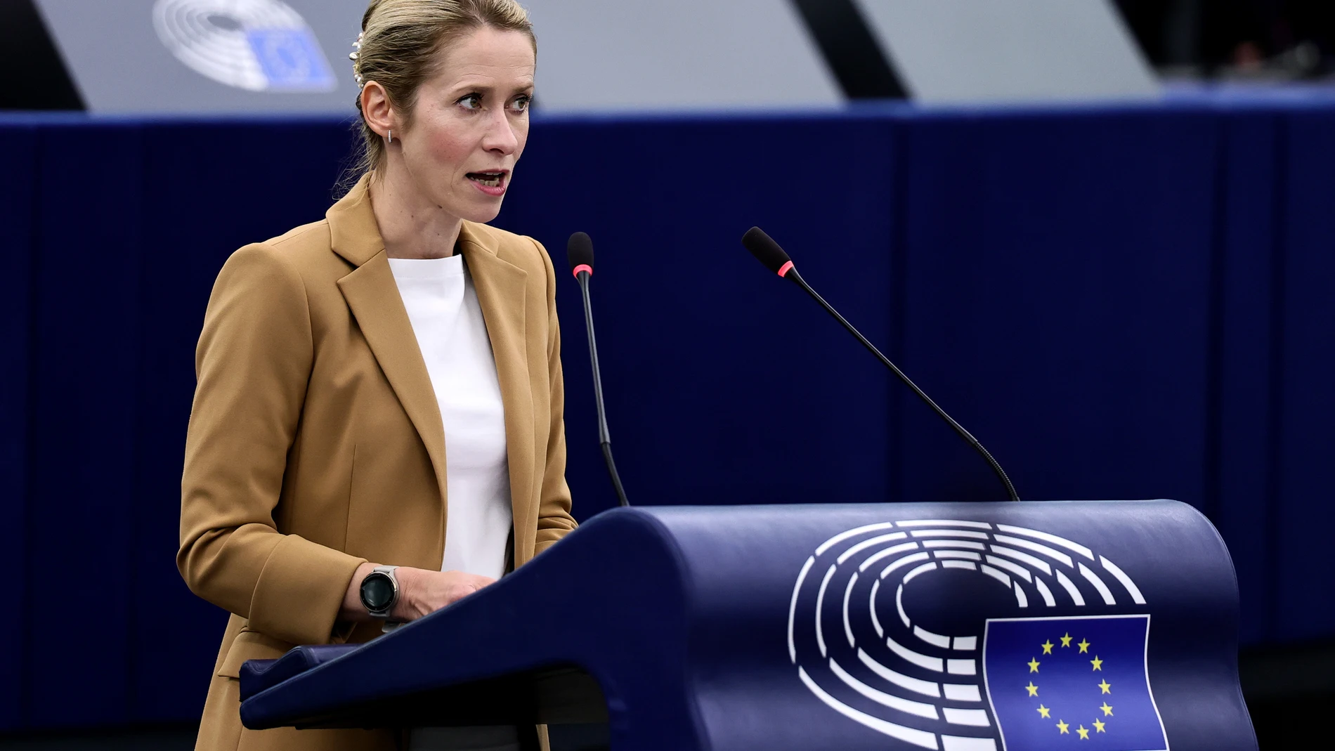 STRASBOURG (France), 09/09/2025.- European High Representative for Foreign and Security Policy Kaja Kallas speaks during a debate on 'EU action to ensure security guarantees and just peace for Ukraine' at the European Parliament in Strasbourg, France, 09 September 2025. The current plenary session runs from 08 until 11 September 2025. (Francia, Ucrania, Estrasburgo) EFE/EPA/RONALD WITTEK