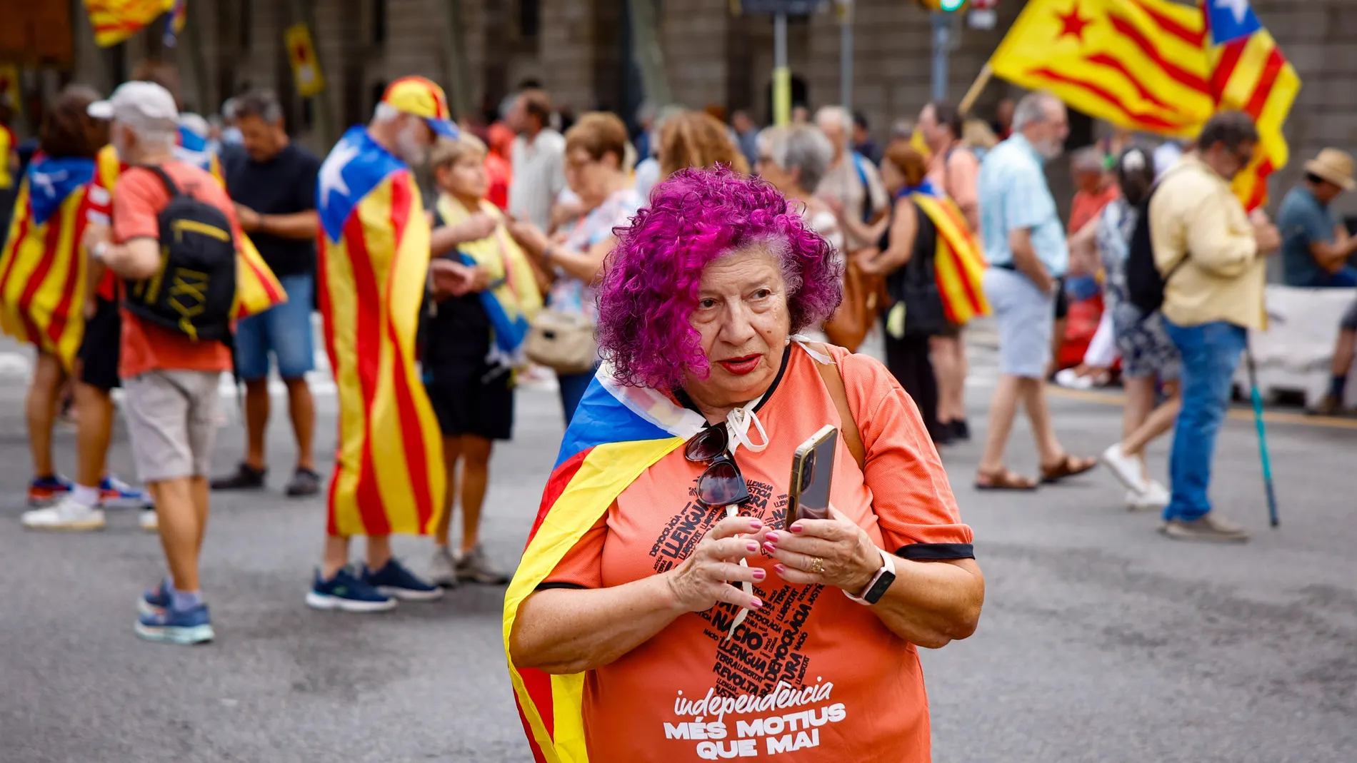Varias personas durante la manifestación convocada por la ANC, a 11 de septiembre de 2025, en Barcelona, Catalunya (España). El lema de este año es “Más motivos que nunca. Independencia” y la marcha pone el foco en la defensa del catalán, la denuncia del déficit fiscal y la reivindicación de la nación catalana. 11 SEPTIEMBRE 2025;DIADA;ANC;MANI;PROTESTA;CATALUÑA;11S;ESTELADA;BANDERA; Kike Rincón / Europa Press 11/09/2025