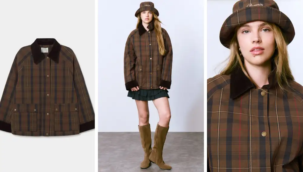 Chaqueta encerada de cuadros en marrón con inspiración clásica (129,90€)